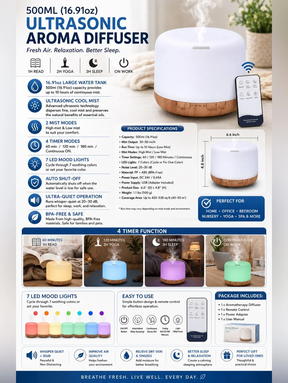 Ultrasonic Aroma Diffuser - White and Wood
